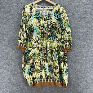 FIGUEROAEflower Dress Women XL Yellow Animal Print 3/4 Sleeve Shift Midi Button